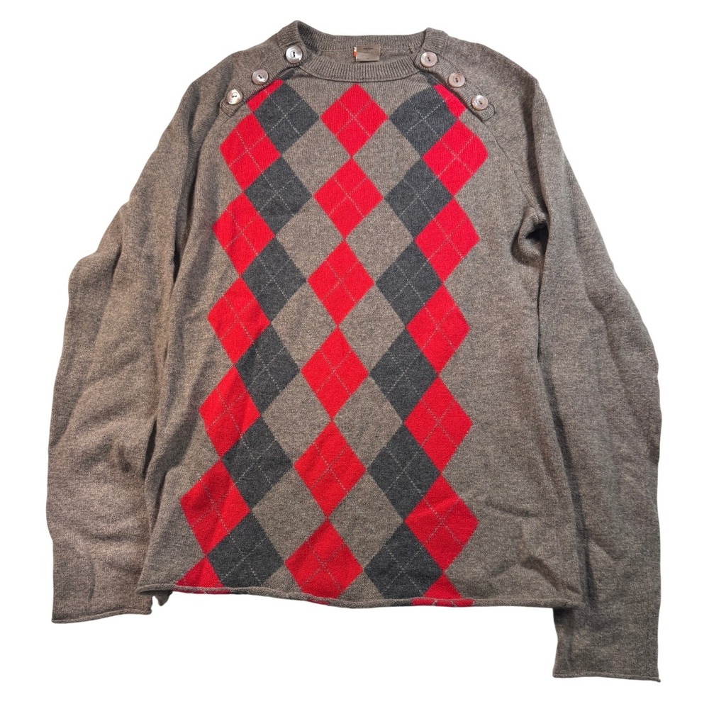 J Crew 100% Cashmere Argyle Sweater Red Grey Crew Neck Long Sleeve womens M
